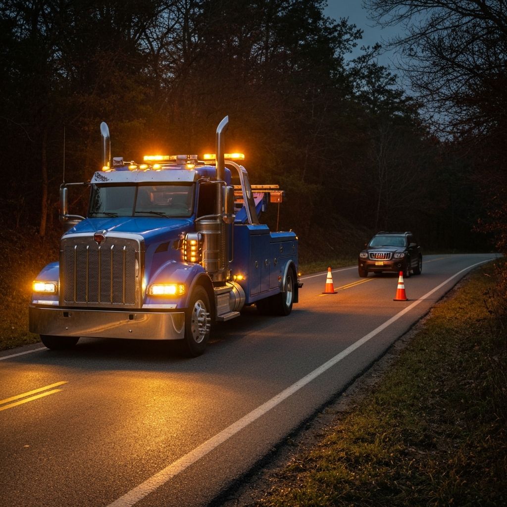 Tow truck with amber lights attending a roadside breakdown at night