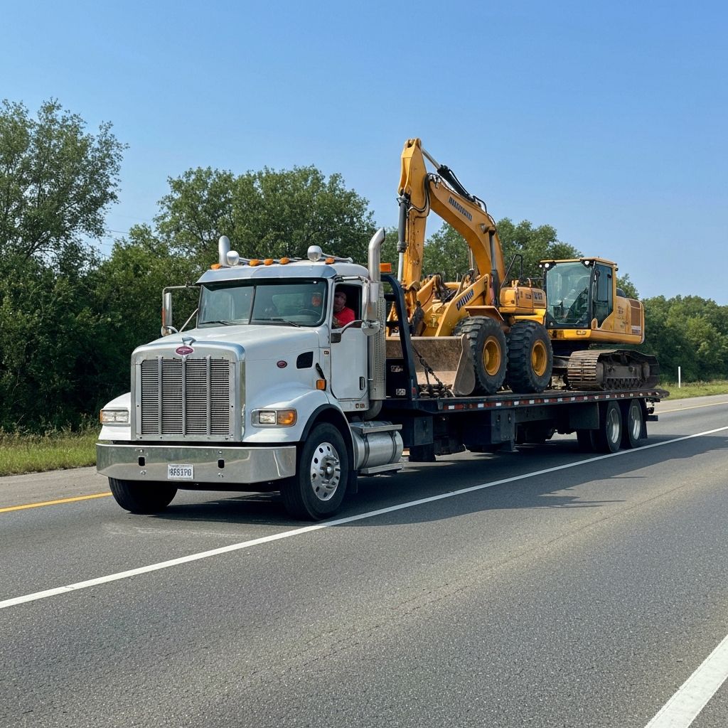Flatbed truck transporting heavy construction machinery